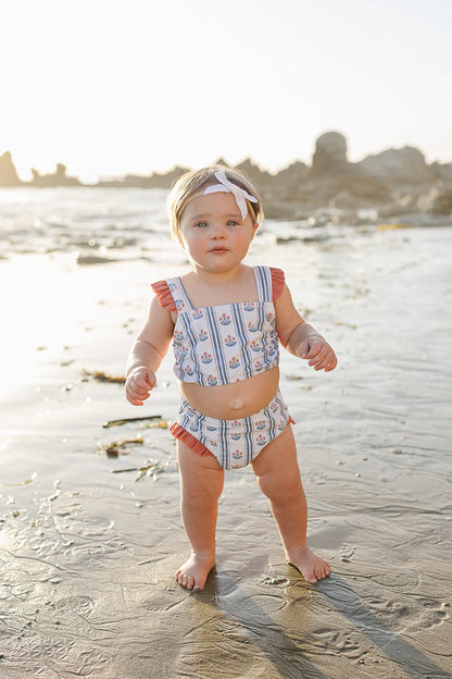 block print floral ruffle bikini set