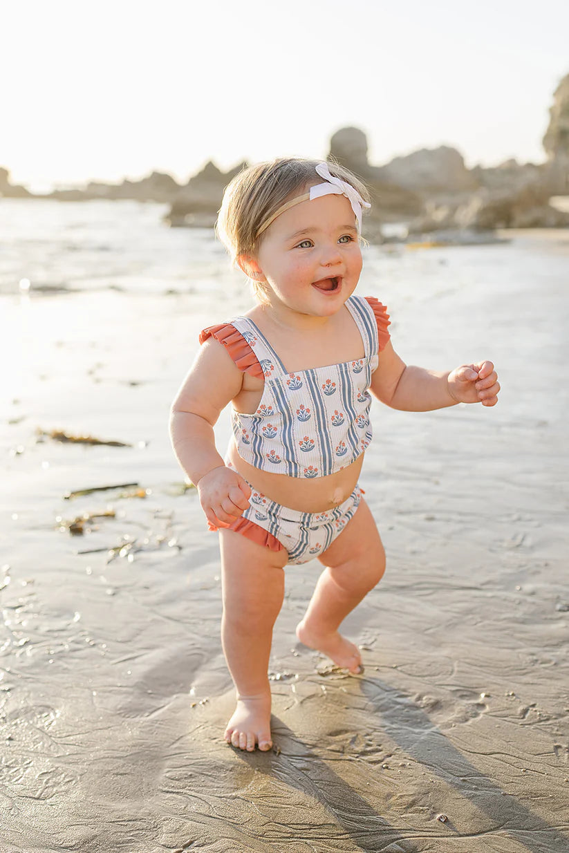 block print floral ruffle bikini set