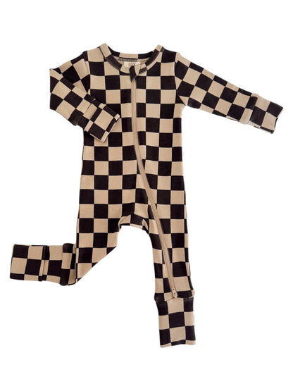 organic 2-way zip romper | tiramisu/black checkerboard