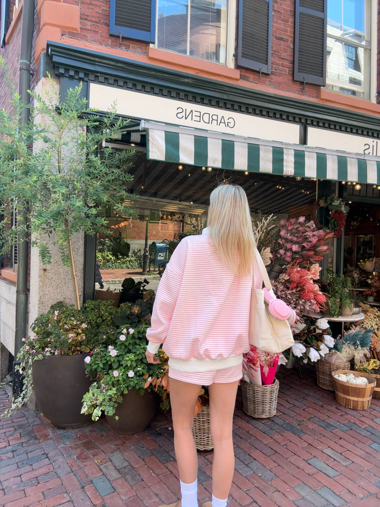 light pink + white big striped mockneck sweatshirt
