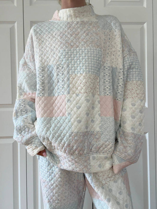 shades of blue quilted pastel mockneck sweatshirt