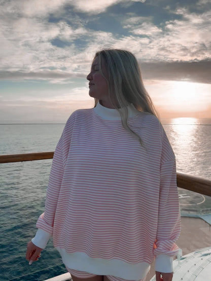 light pink + white big striped mockneck sweatshirt