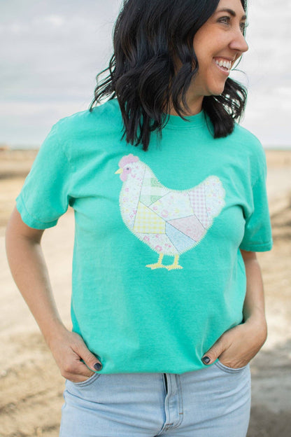spring patchwork chicken green graphic tee