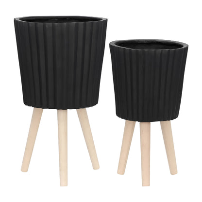 black resin w/ wood legs planter
