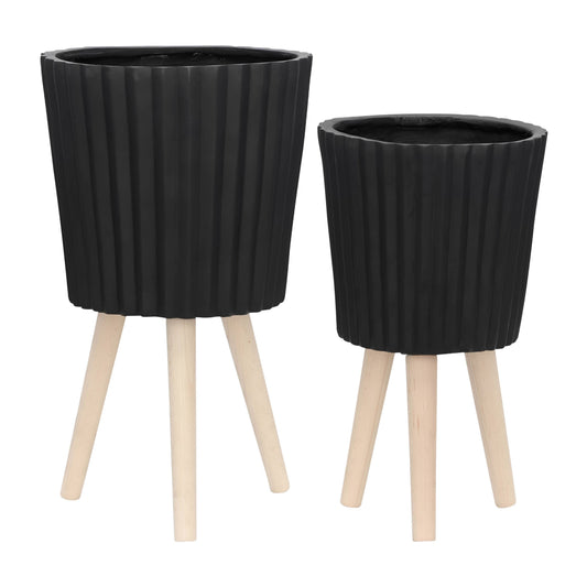 black resin w/ wood legs planter