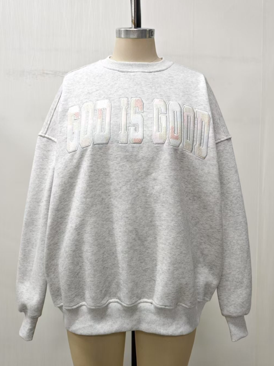 God is good quilted pastel embroidered sweatshirt