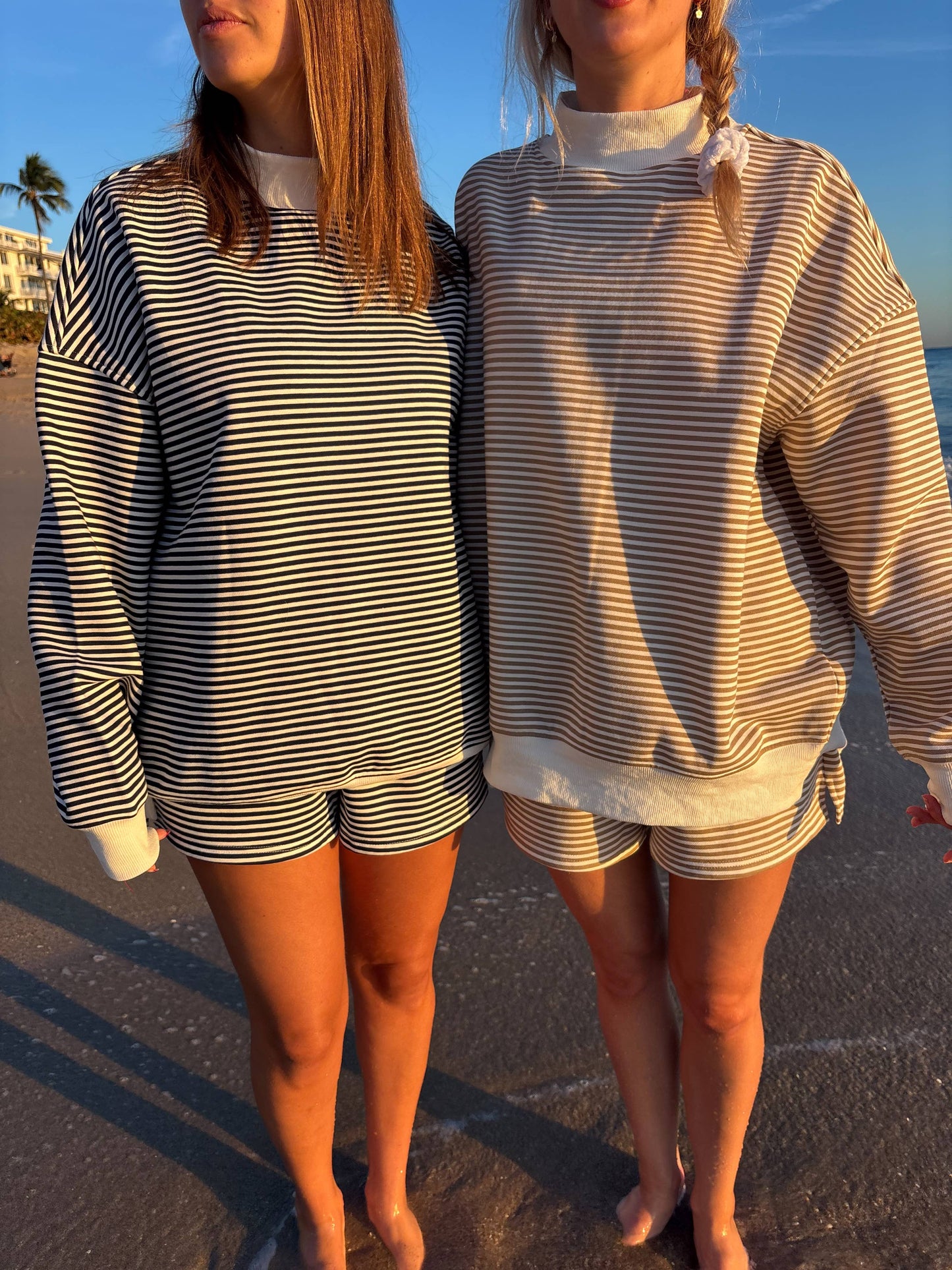 brown + white big striped mockneck sweatshirt