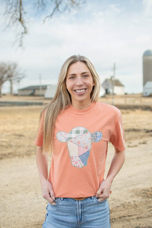 spring patchwork cow graphic tee