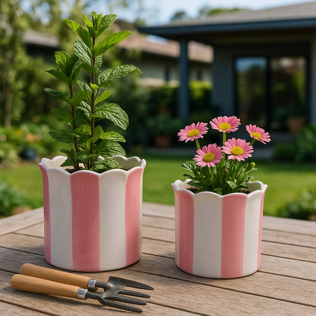 pink ceramic striped scallop planter