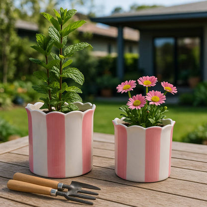 pink ceramic striped scallop planter