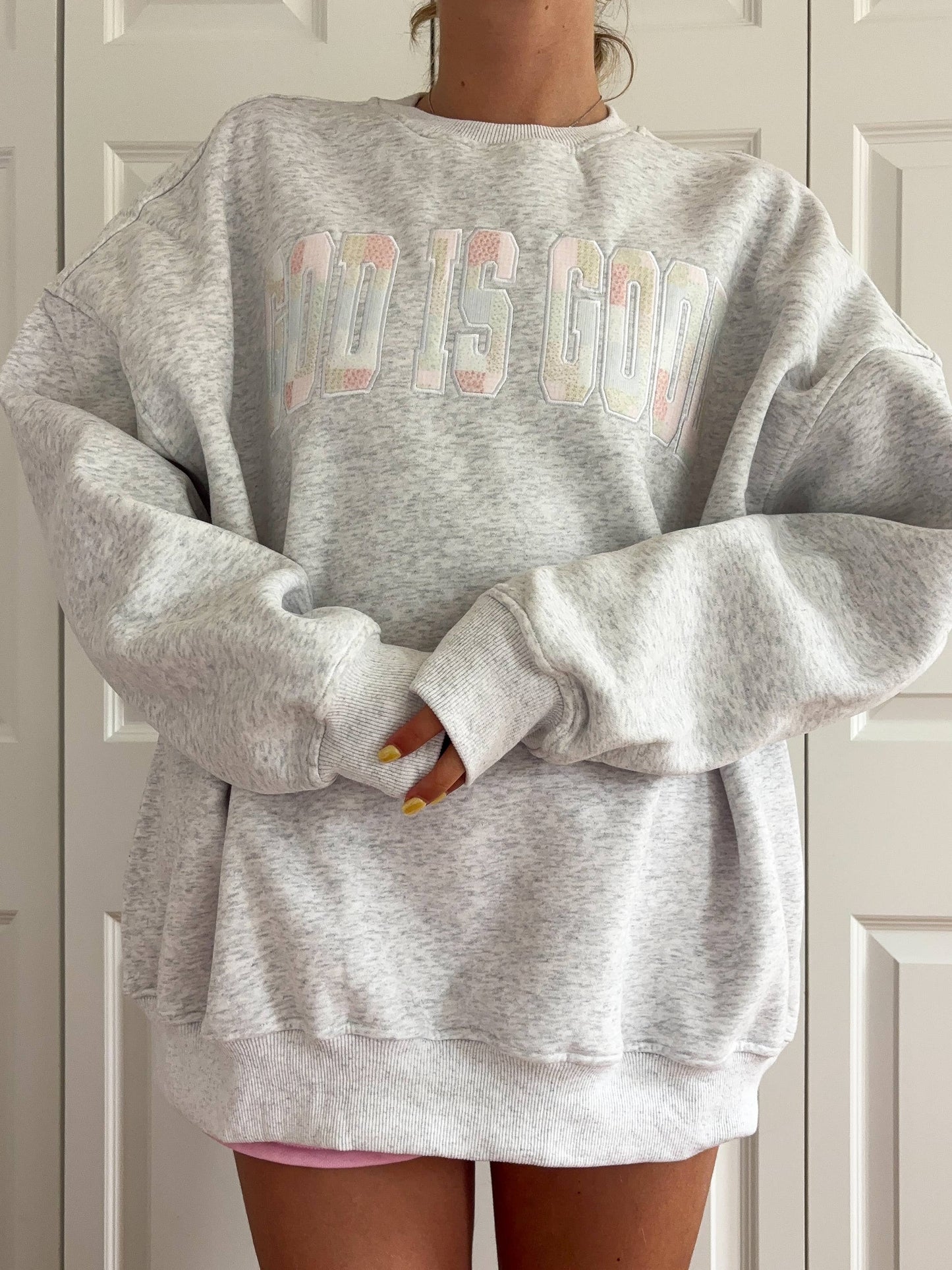 God is good quilted pastel embroidered sweatshirt