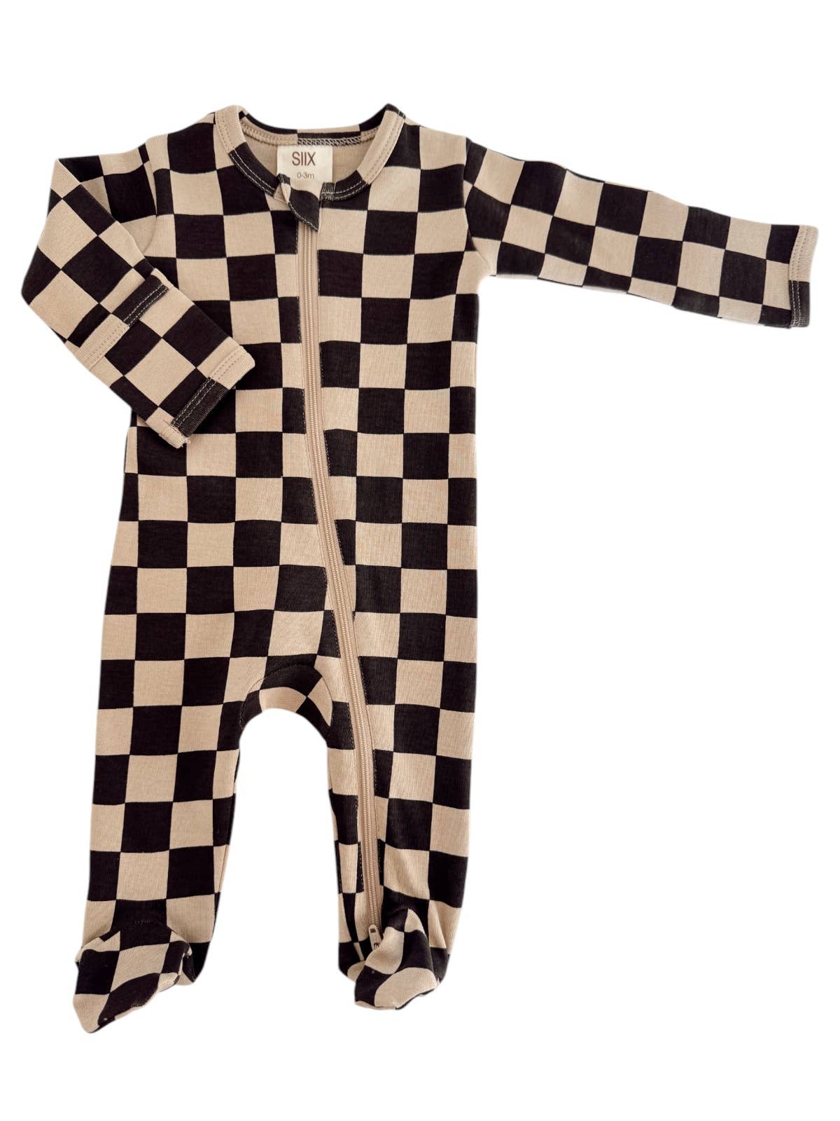 organic zip footie | tiramisu/black checkerboard