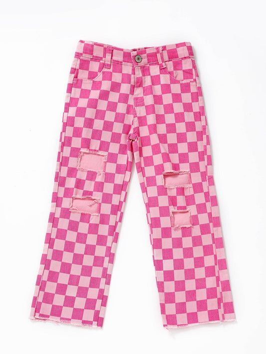 pink checked jeans