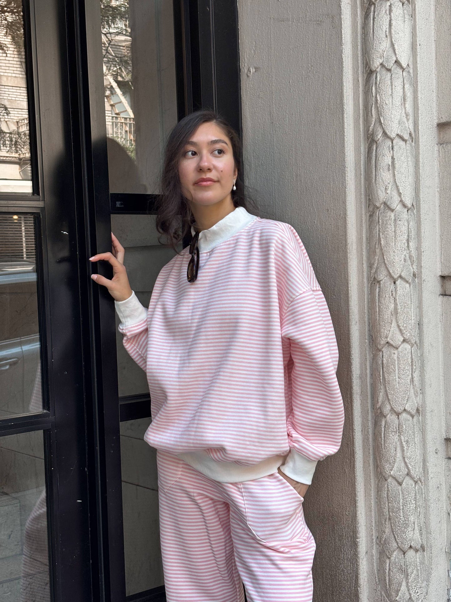 light pink + white big striped mockneck sweatshirt