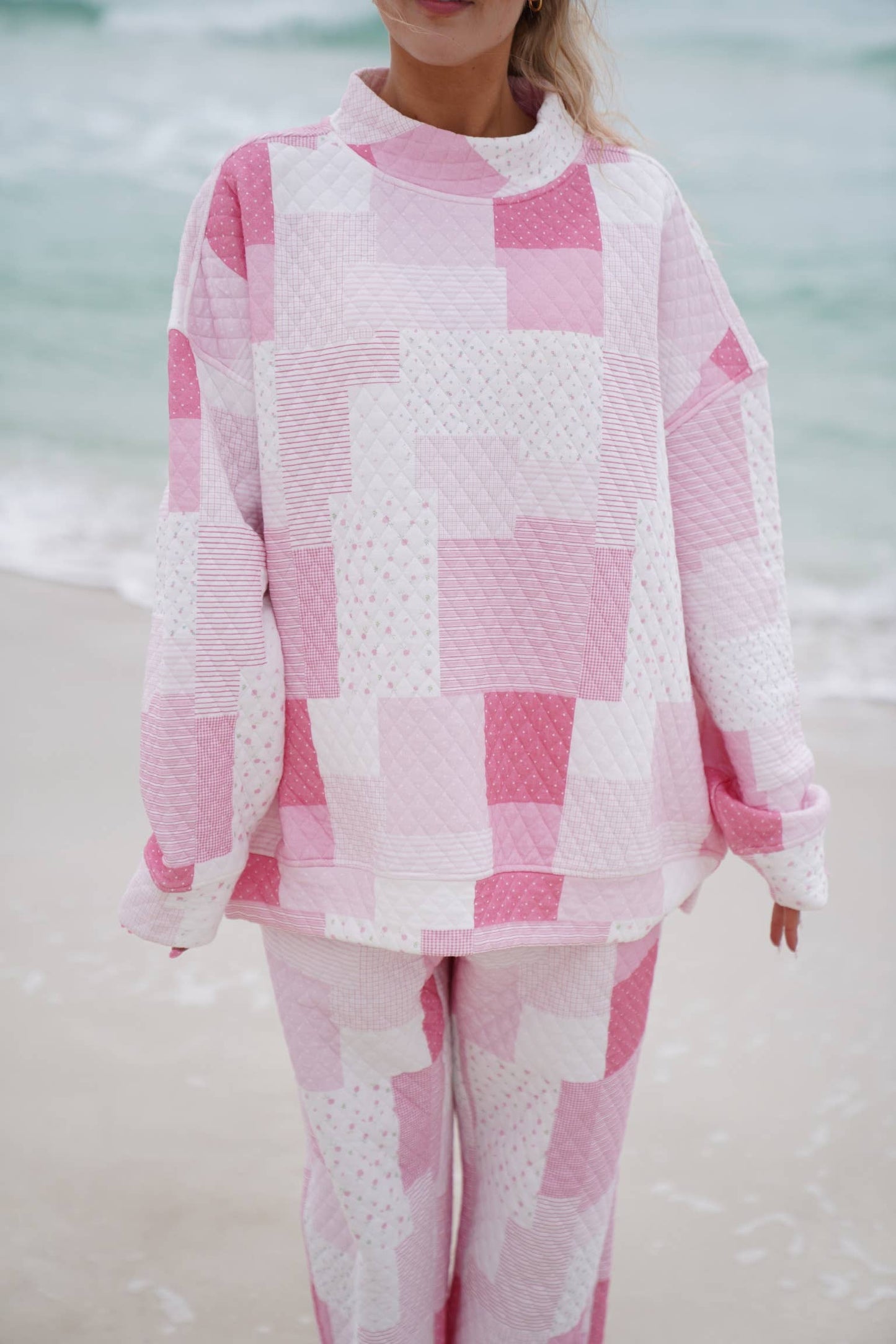 margo quilted patchwork mockneck sweatshirt