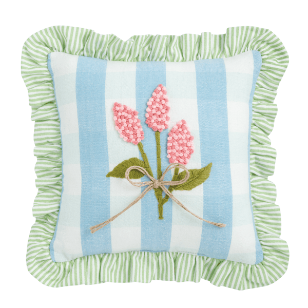 blue buffalo check embroidered floral pillow
