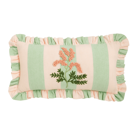 green stripe embroidered floral pillow