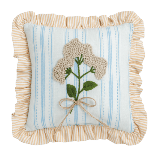 blue stripe embroidered floral pillow