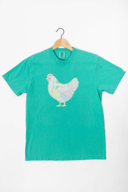 spring patchwork chicken green graphic tee