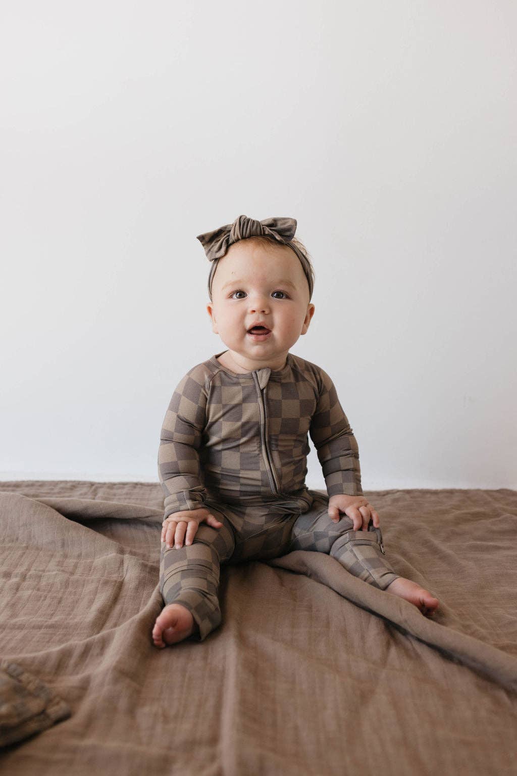 bamboo zip pajamas | faded brown checkerboard