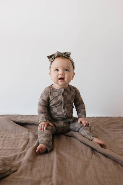 bamboo zip pajamas | faded brown checkerboard