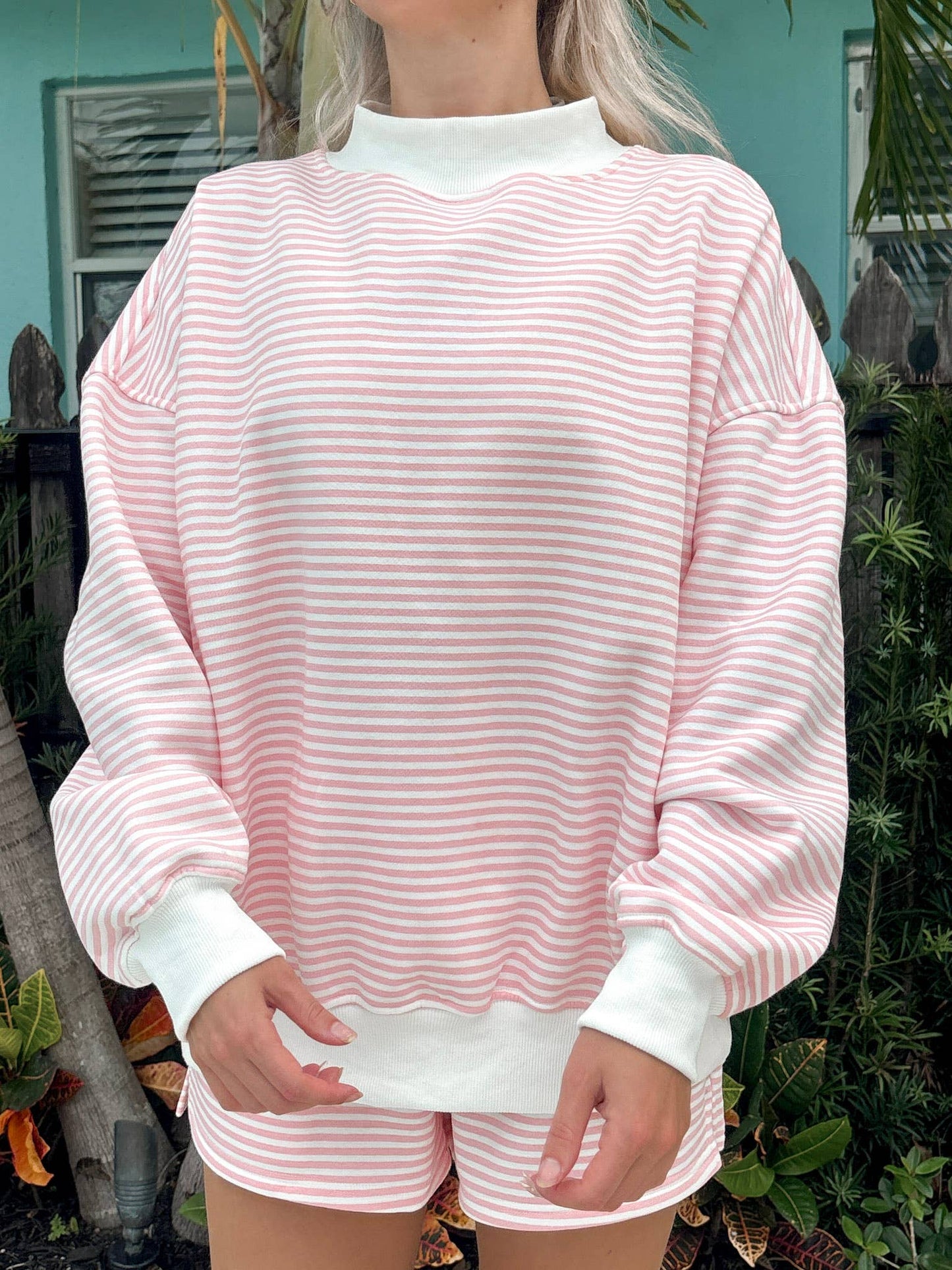 light pink + white big striped mockneck sweatshirt