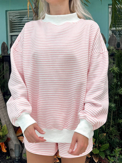 light pink + white big striped mockneck sweatshirt