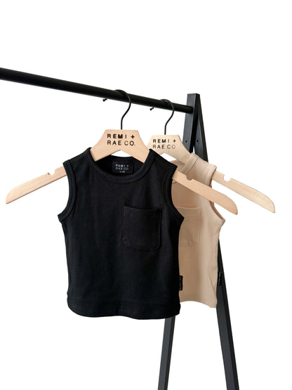 BAMBOO RIBBED POCKET TANK - BLACK