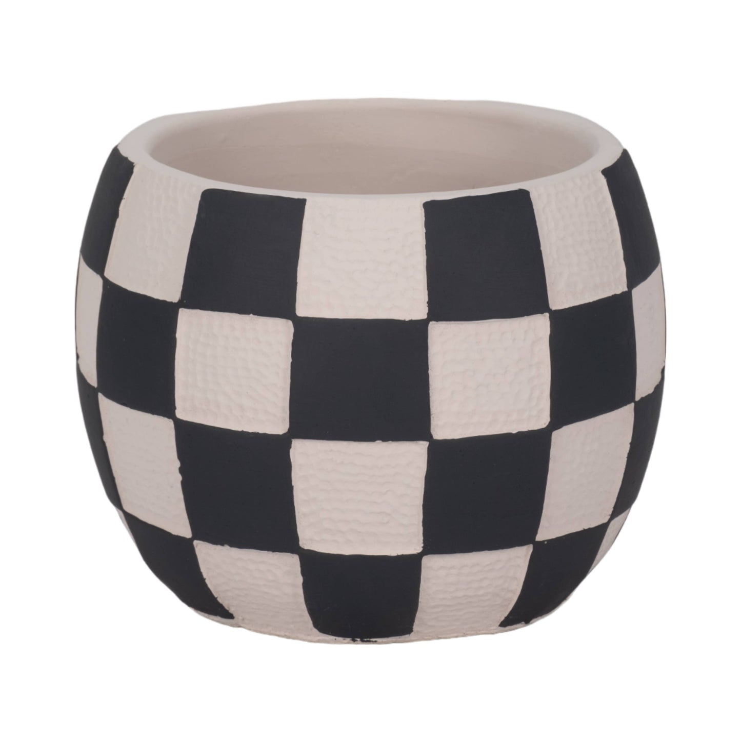 black + white pottery checkerboard rounded planter