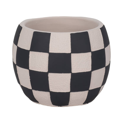 black + white pottery checkerboard rounded planter