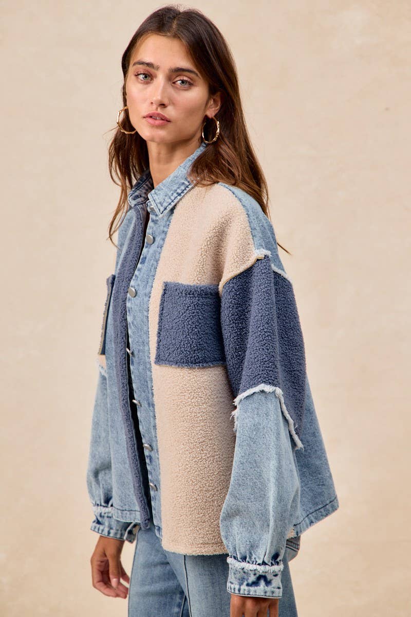 washed denim + fleece mix + matched jacket