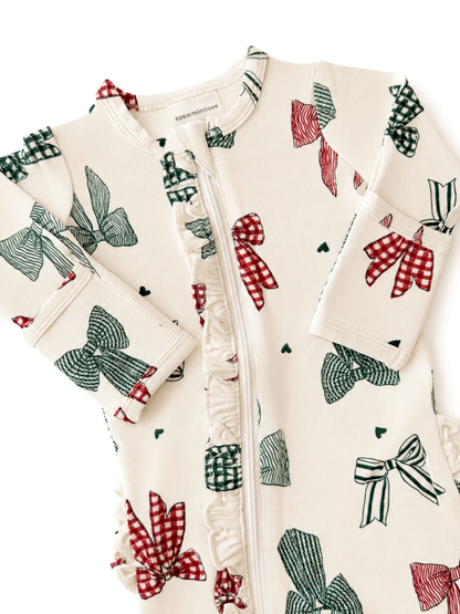 2-way zip ruffle footie, country christmas bows