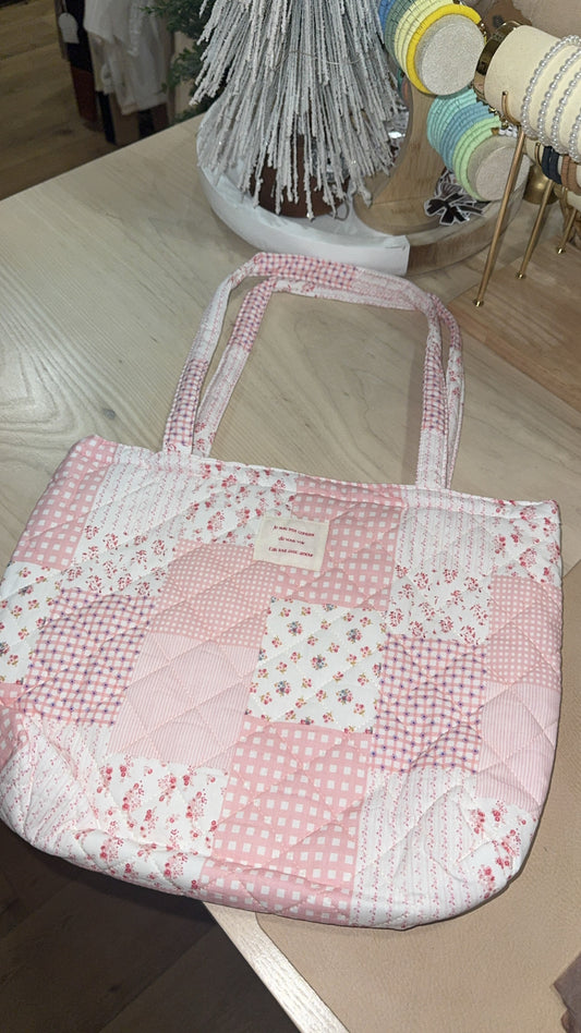 pink plaid floral quilted tote bag