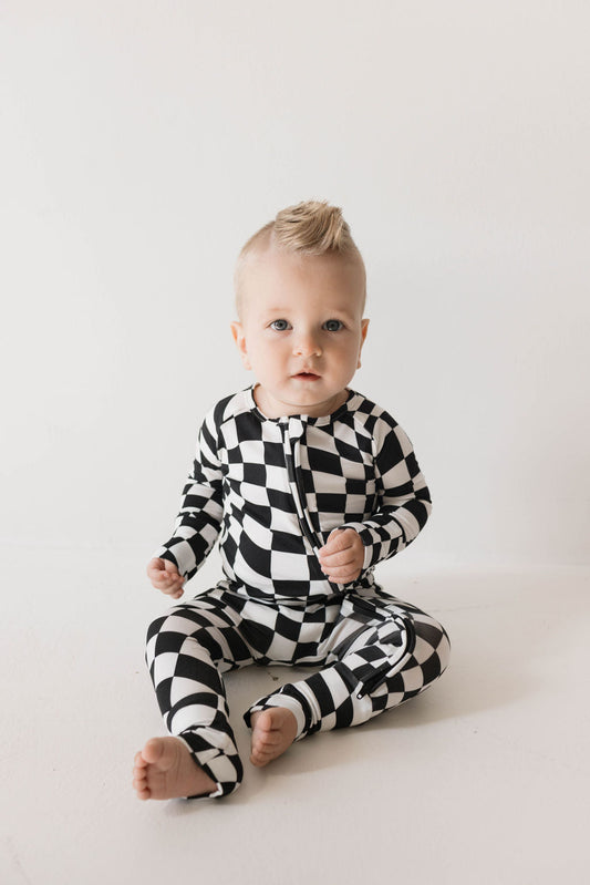 Bamboo Zip Pajamas | Black & White Wavy Checkerboard - Ivory Soul