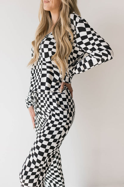 Women's Bamboo Pajamas | Black & White Wavy Checkerboard