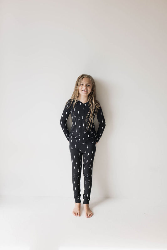 Bamboo Two Piece Pajamas | Midnight Lightning Bolt - Ivory Soul