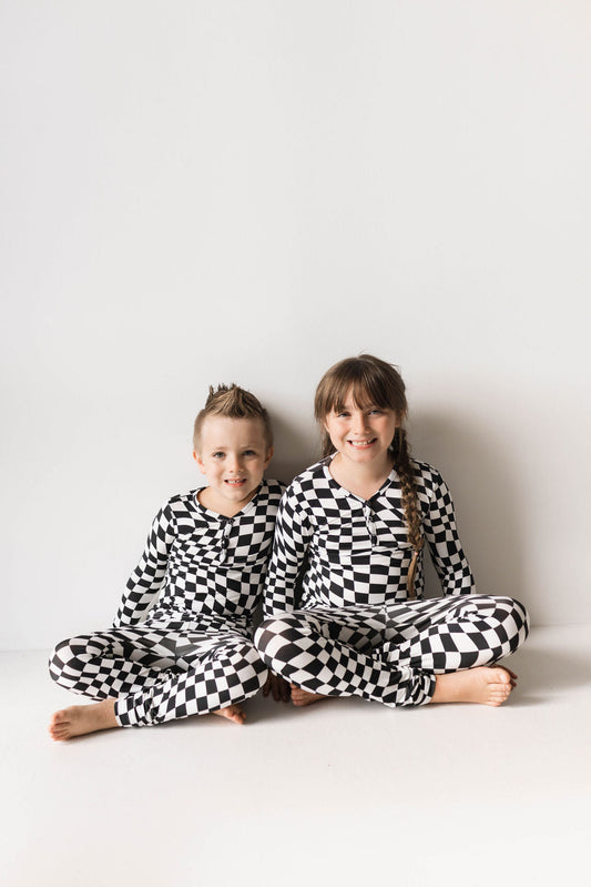 Bamboo Two Piece Pajamas | Black & White Wavy Checkerboard - Ivory Soul