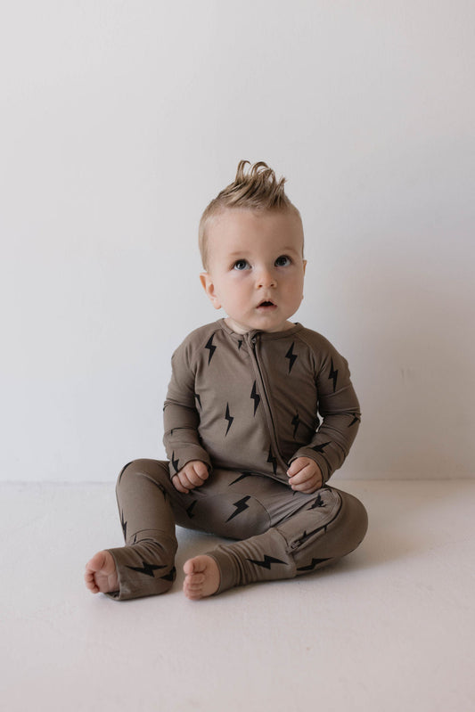 Bamboo Zip Pajamas | Brown & Black Lightning Bolt - Ivory Soul