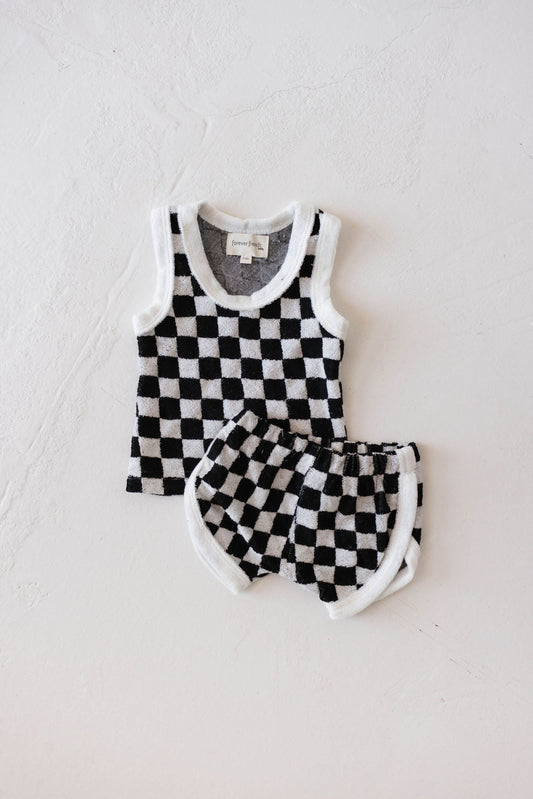 Terry Tank Short Set | Black + White Checker