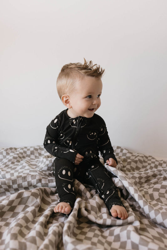 Bamboo Zip Pajamas | Charcoal & White ff Smile - Ivory Soul