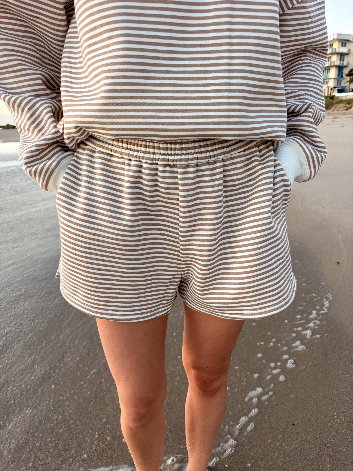 brown + white big striped shorts