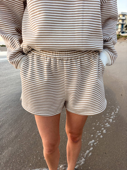 brown + white big striped shorts