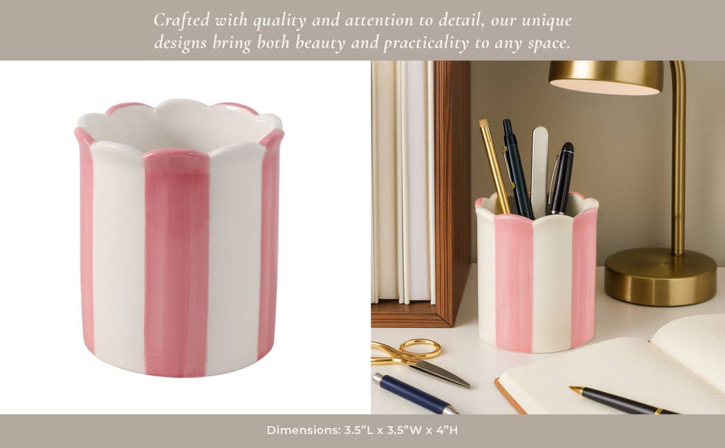 pink + ivory ceramic striped pencil cup