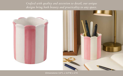 pink + ivory ceramic striped pencil cup