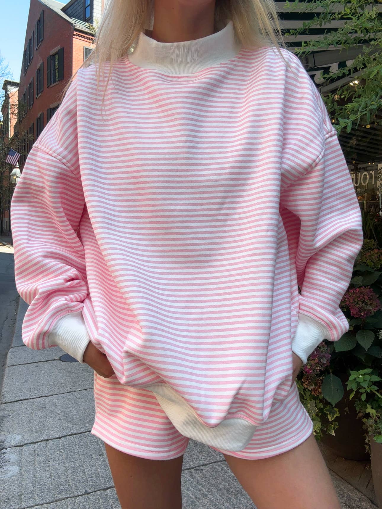 light pink + white big striped mockneck sweatshirt