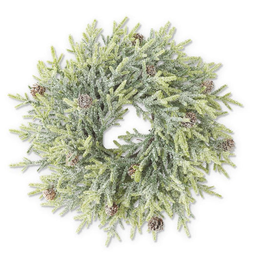 17 inch snowy juniper wreath with pinecones