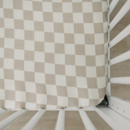 Taupe Checkered Muslin Crib Sheet - Ivory Soul