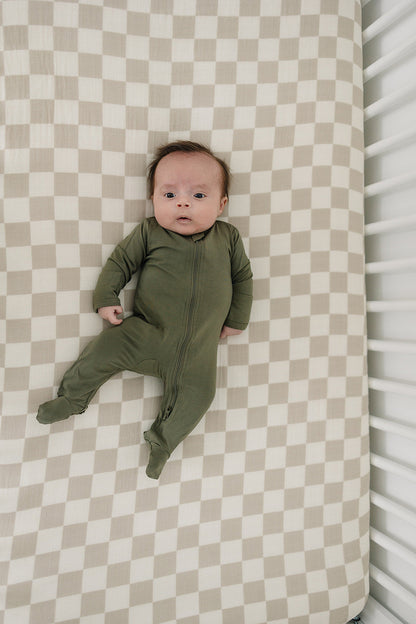 Taupe Checkered Muslin Crib Sheet - Ivory Soul