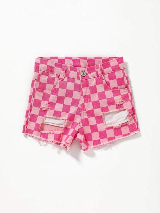 pink checked denim shorts