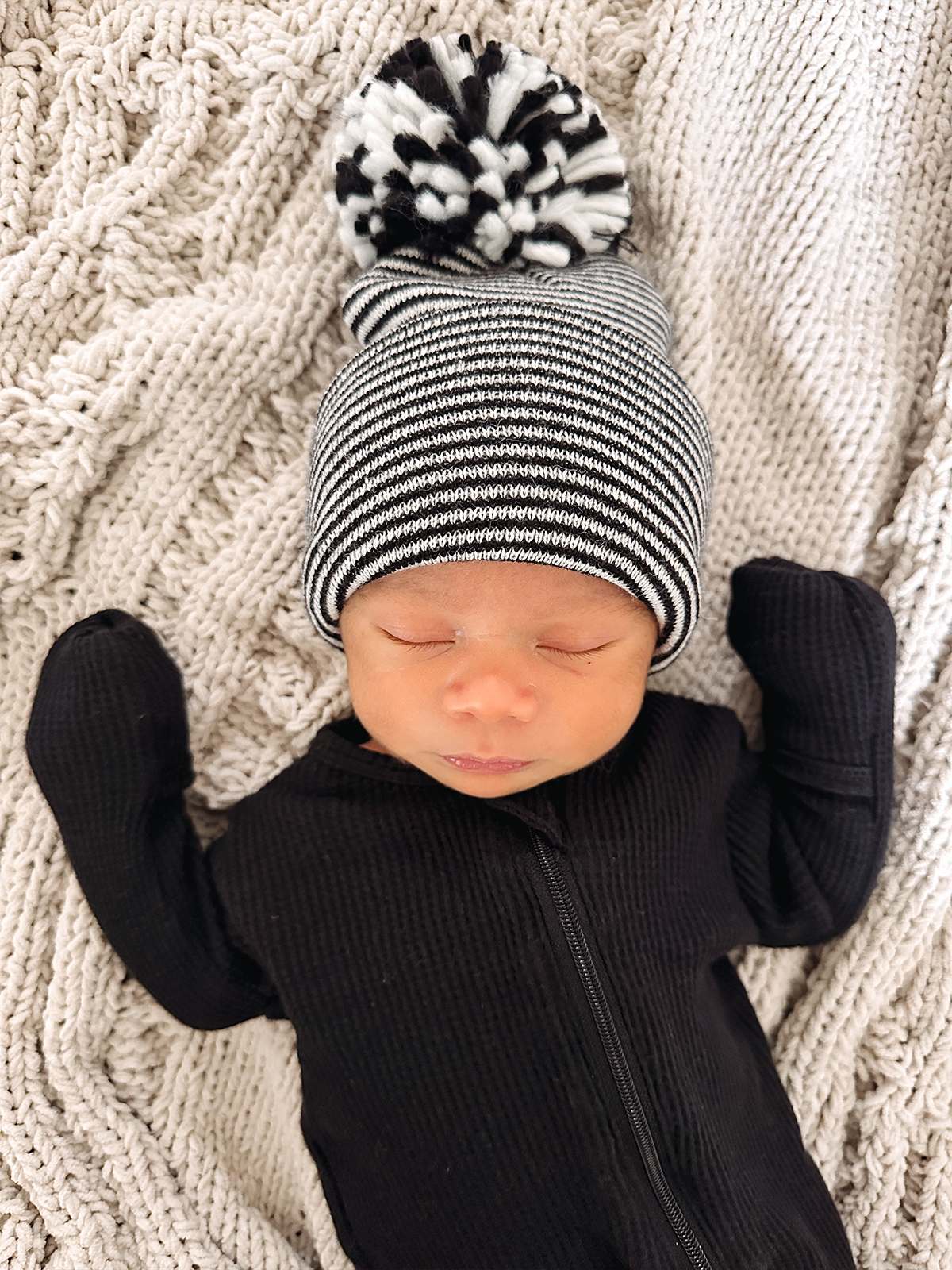 baby's first hat®, black/white stripe pom